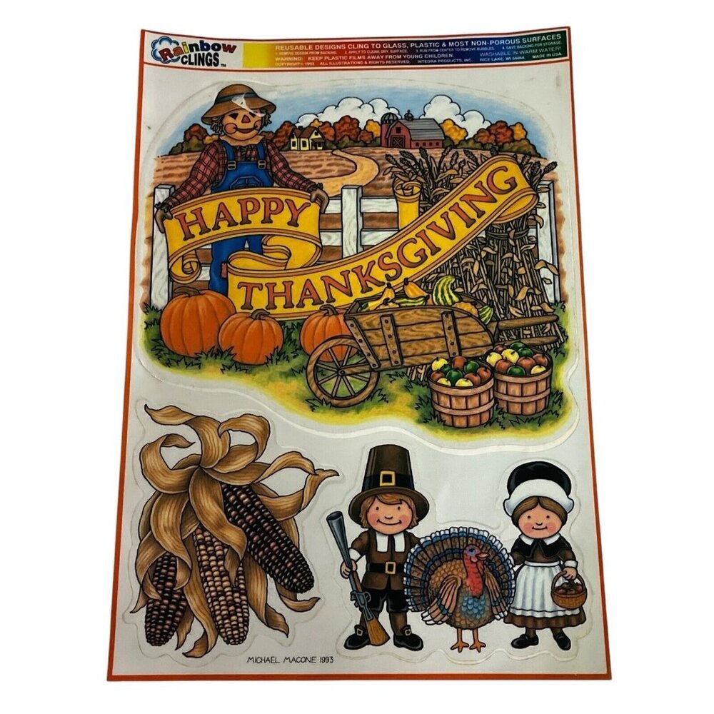 Vintage Happy Thanksgiving Rainbow Clings Michael Macone 1993 Set Of 3‎